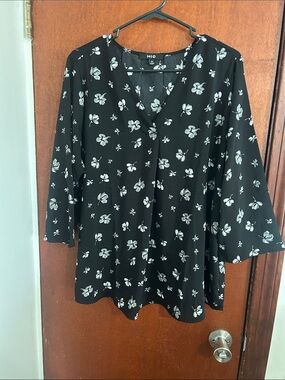 Black Floral Tunic Top with White Blossom Print